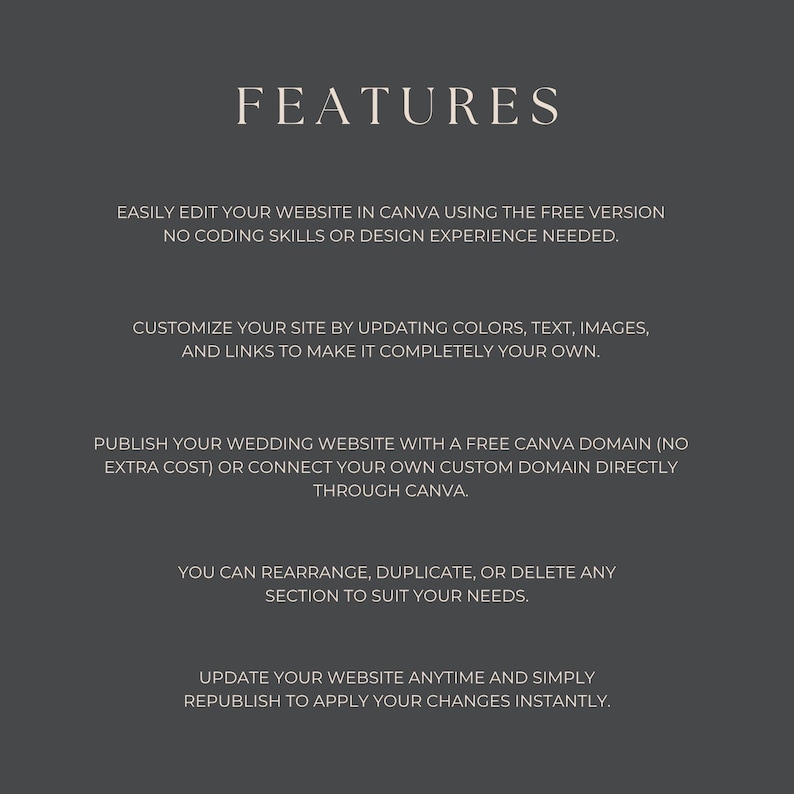 May include: A dark grey background with the word "FEATURES" in a light beige font. The text below describes website editing in Canva, customisation options, publishing with a free domain, and website updates.