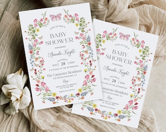 Butterfly Baby Shower Invitation, Wildflower Baby Shower, Editable Boho Floral Baby Shower, Digital Baby Shower Invitation Template, VERONA