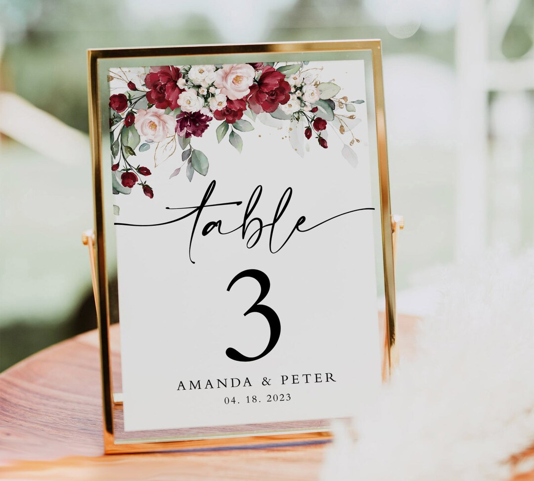 Burgundy Wedding Table Number Template, 100 Editable Template, Rustic