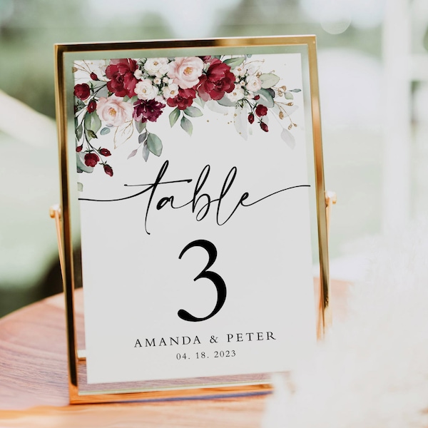 Burgundy Wedding Table Number Template, 100% Editable Template, Rustic Floral Table Numbers Printable, 4x6 and 5x7  Table Numbers #BUR