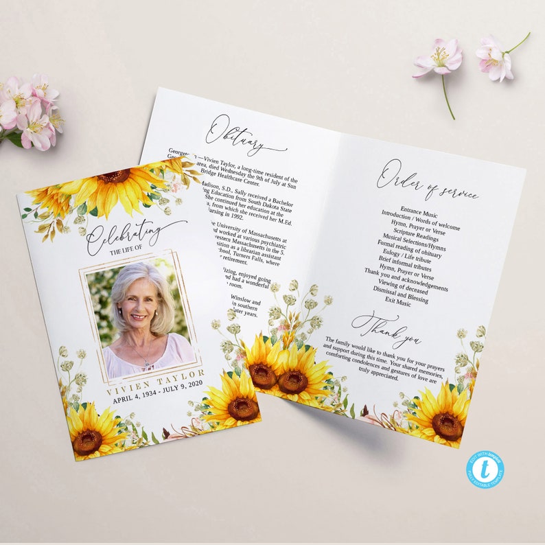 SUNFLOWER Funeral Program Template Editable Memorial Etsy
