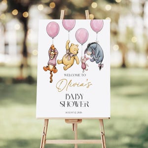 Pu&ograve; includere: Un cartello bianco per baby shower su un cavalletto presenta illustrazioni dei personaggi di Winnie the Pooh che tengono palloncini rosa. Il cartello recita "Benvenuti al Baby Shower di Olivia" con la data del 12 agosto 2026.