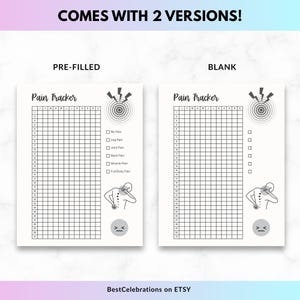 May include: Two white pain tracker sheets with the text "Pain Tracker". One is pre-filled, the other is blank. Both have a grid for tracking pain, along with illustrations and checkboxes for different types of pain.