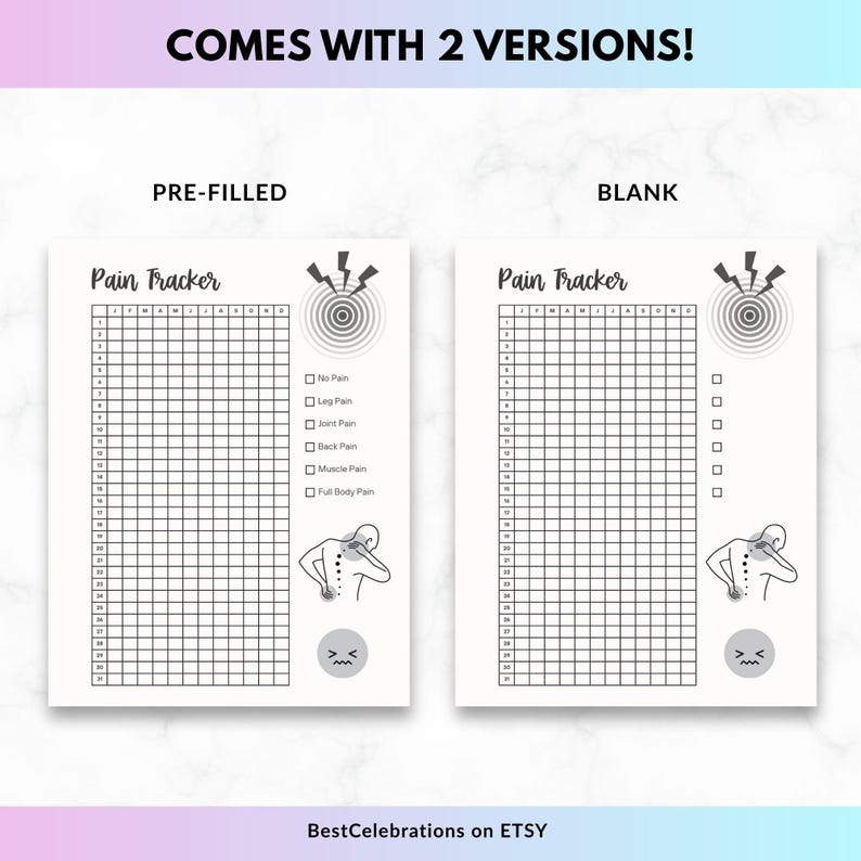 May include: Two white pain tracker sheets with the text "Pain Tracker". One is pre-filled, the other is blank. Both have a grid for tracking pain, along with illustrations and checkboxes for different types of pain.