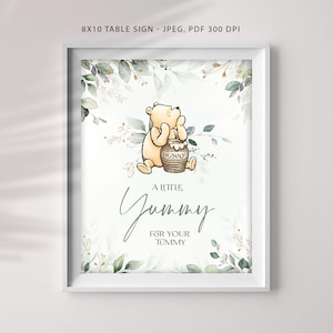 Winnie The Pooh Yummy For Your Tummy Table Sign , Printable Gender Neutral Greenery Party Sign Decorations, 8x10  You Print, #WTPGG