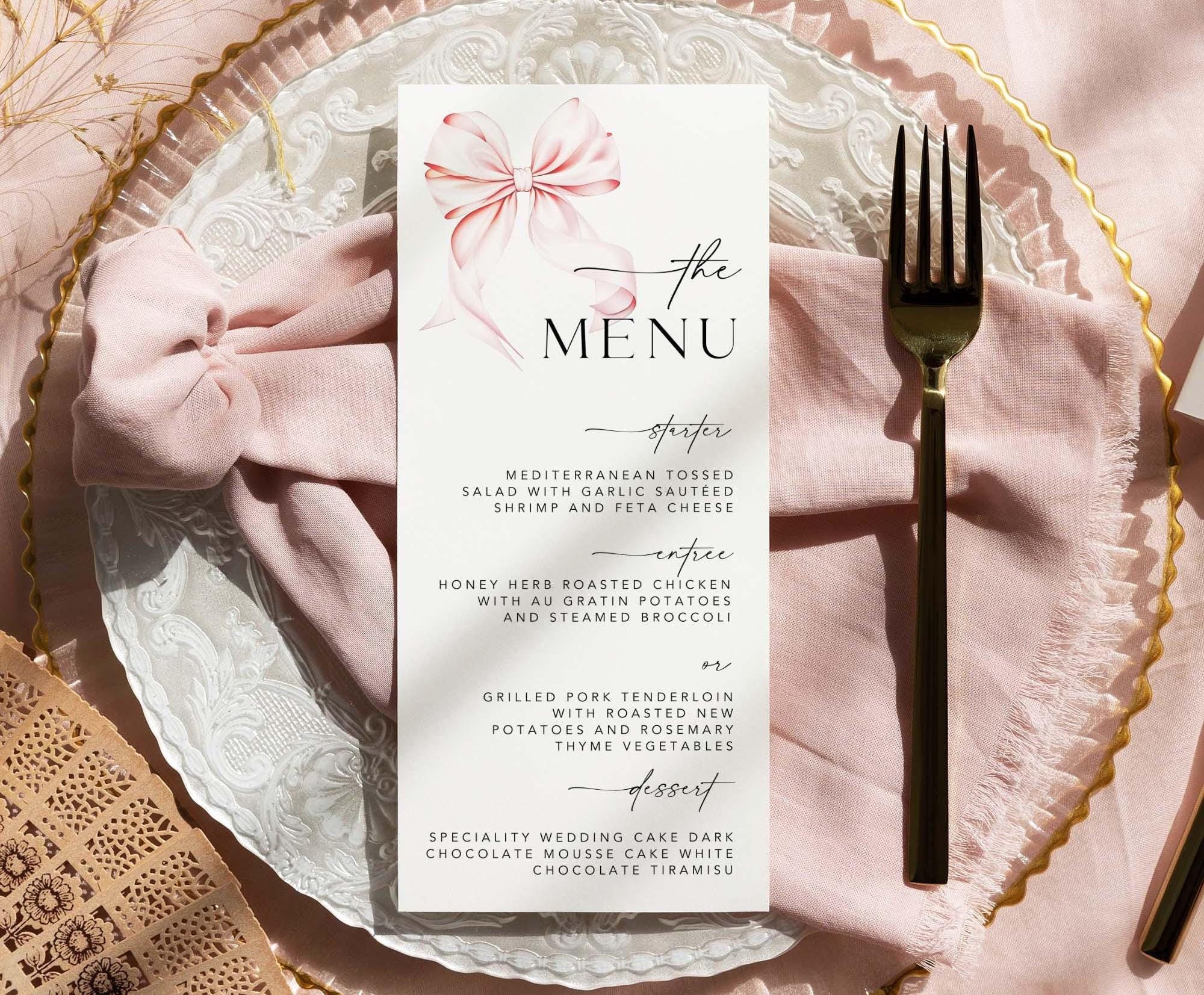 Pink Bow Menu Template Baby Shower Dinner Table Card Editable Printable Baby Girl Menu Canva Template BOWP