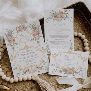 Conjunto de plantillas de invitación de boda con rosas francesas, paquete de invitación clásica vintage editable con marco victoriano, paquete inspirado en Bridgerton