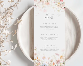 Wildflower Menu Card Template, Editable Wedding Menu, Baby Shower Table Decor FL1