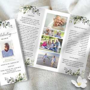 Eucalyptus Funeral Program Template: Greenery Trifold (Canva Editable)