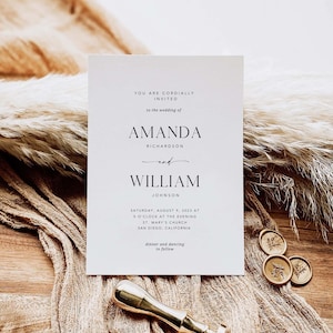 Op de afbeelding: Een witte huwelijksuitnodigingskaart met zwarte tekst. De kaart luidt "U bent van harte uitgenodigd voor de bruiloft van Amanda Richardson en William Johnson. Zaterdag 9 augustus 2023 om 17:00 uur in de St. Mary's Church San Diego, Californi&euml;. Diner en dansen volgen."