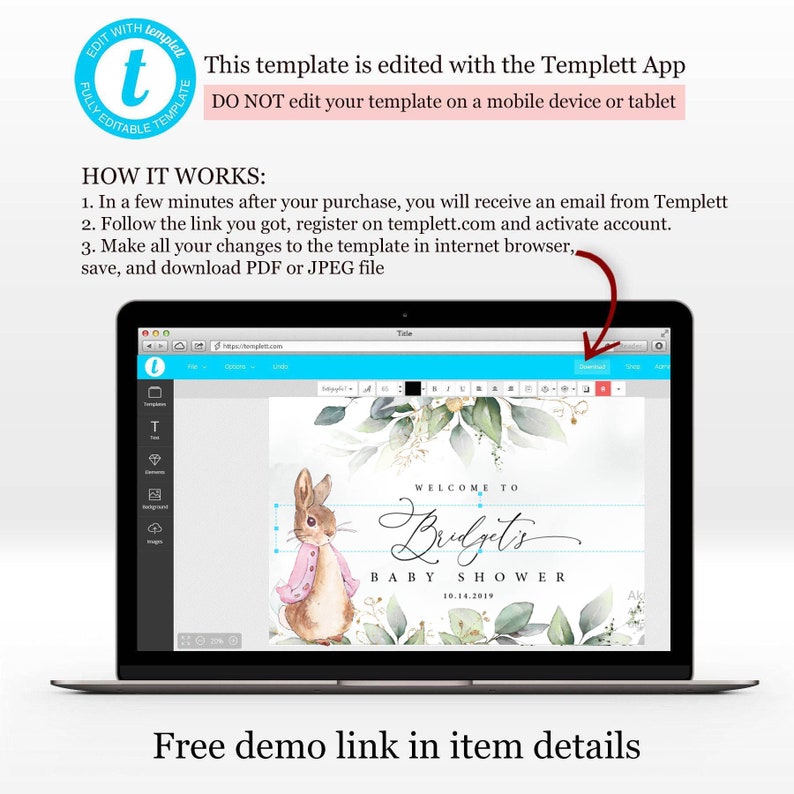 May include: A laptop screen showing a baby shower invitation template featuring a watercolour illustration of a rabbit and foliage. The text on the template reads "Welcome to Bridget's Baby Shower 10.14.2019". The template is being edited using the Templett app.