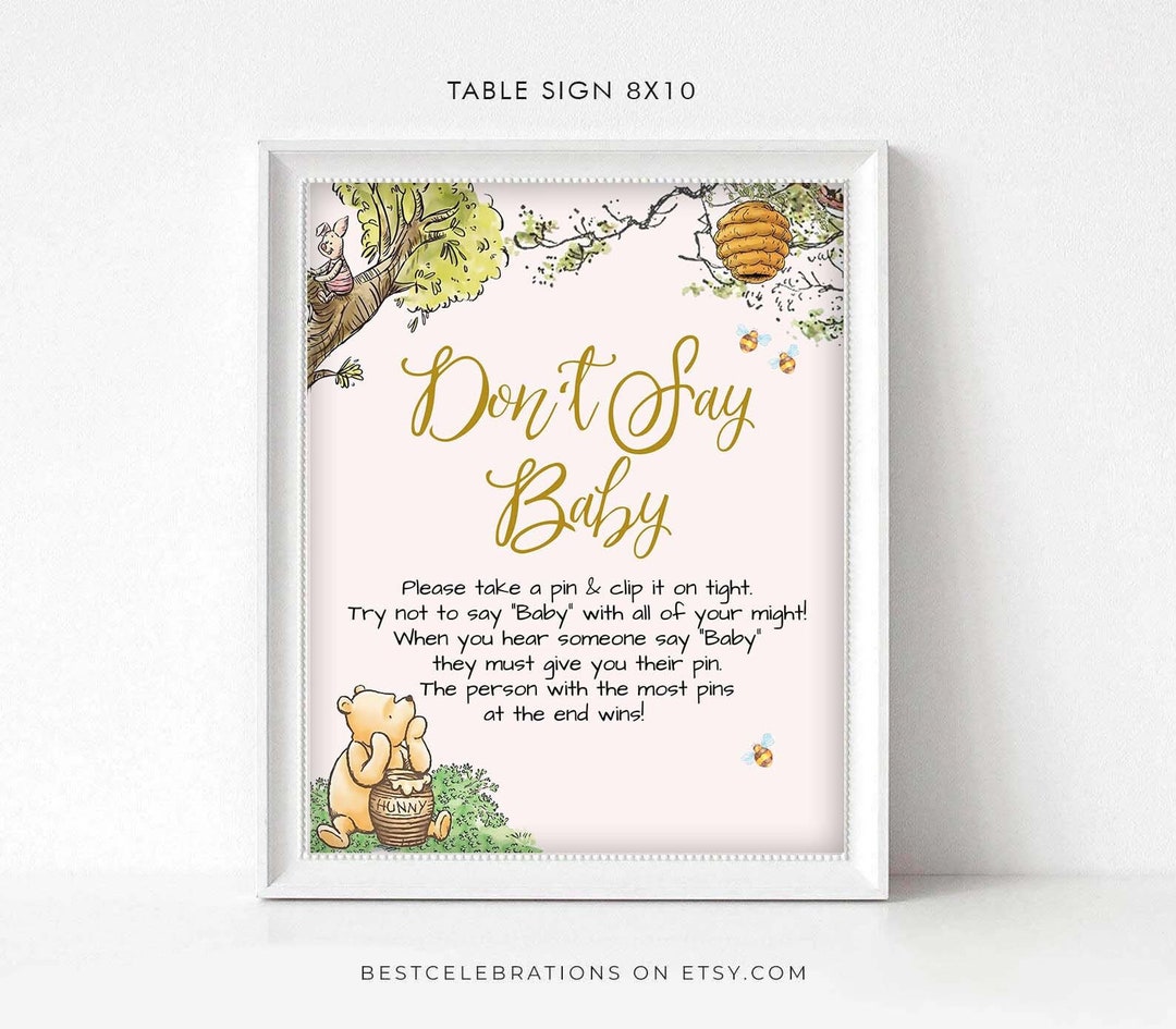 Winnie the Pooh Don't Say Baby Sign, Baby Shower Games, Baby Shower ...