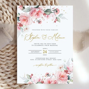 Modèle de faire-part de mariage rose poudré, invitation électronique, pivoines roses rose tendre, faire-part bohème, faire-part floral, mariage modifiable #SPR