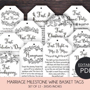 EDITABLE Marriage Milestone Wine Basket Tags A year of first Wine Gift Basket Tags Bridal Shower Gift Wedding Gift Wine Labels image 5