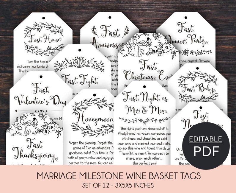 EDITABLE Marriage Milestone Wine Basket Tags A year of first Wine Gift Basket Tags Bridal Shower Gift Wedding Gift Wine Labels image 5