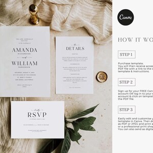 Op de afbeelding: Een huwelijksuitnodigingsset met een minimalistisch ontwerp. De uitnodiging bevat de namen "Amanda Richardson" en "William Fareenion" in een eenvoudig, modern lettertype. De RSVP-kaart bevat de tekst "brady RSVP".