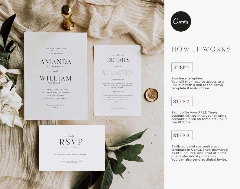 Op de afbeelding: Een huwelijksuitnodigingsset met een minimalistisch ontwerp. De uitnodiging bevat de namen "Amanda Richardson" en "William Fareenion" in een eenvoudig, modern lettertype. De RSVP-kaart bevat de tekst "brady RSVP".