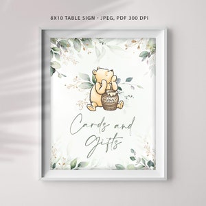 Enseigne de table pour cartes et cadeaux Winnie l'ourson, décorations de fête vertes imprimables neutres en matière de genre, Jpeg et Pdf 8 x 10, à imprimer, #WTPGG