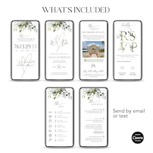 Site de convites de casamento com tema de folhagem, com confirmação de presença rastreável, modelo editável do Canva com formulário de confirmação de presença clicável e convite de casamento com eucalipto. imagem 6