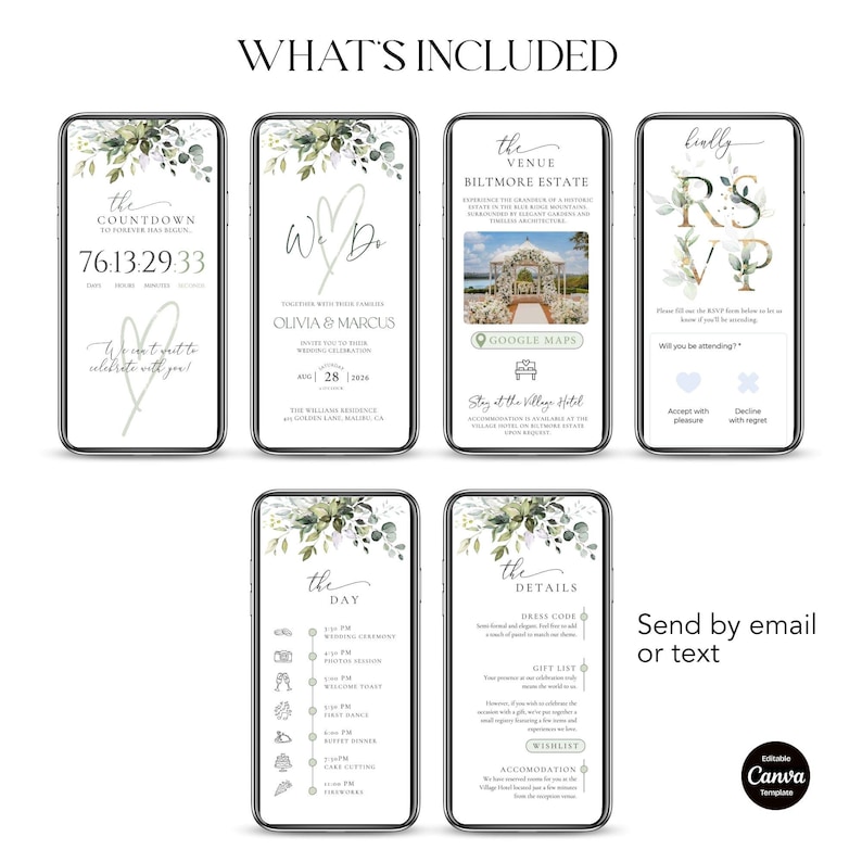 Site de convites de casamento com tema de folhagem, com confirmação de presença rastreável, modelo editável do Canva com formulário de confirmação de presença clicável e convite de casamento com eucalipto. imagem 6
