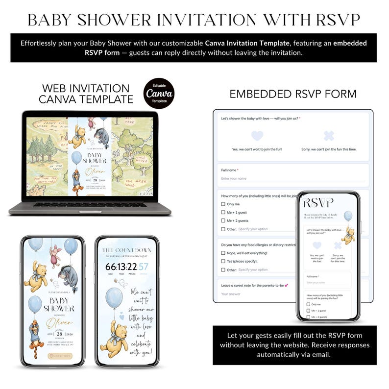 May include: A baby shower invitation template displayed on a laptop and smartphones. The design features Winnie the Pooh characters, balloons, and the text "Baby Shower." The invitation includes an embedded RSVP form.