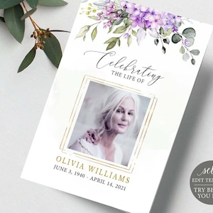 May include: A funeral program template featuring a watercolor purple hydrangea floral arrangement at the top. The text reads Celebrating the life of Olivia Williams, June 3, 1940 - April 14, 2021, framed by a gold border around a central photo.