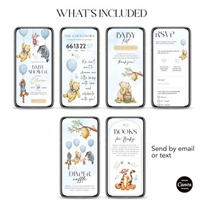 May include: A digital baby shower invitation template displayed on smartphones. The design features Winnie the Pooh characters, blue balloons, and text including "Baby Shower," "RSVP," and "Diaper Raffle." The template is editable and can be sent by email or text.