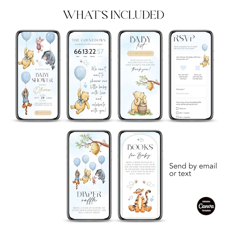 May include: A digital baby shower invitation template displayed on smartphones. The design features Winnie the Pooh characters, blue balloons, and text including "Baby Shower," "RSVP," and "Diaper Raffle." The template is editable and can be sent by email or text.