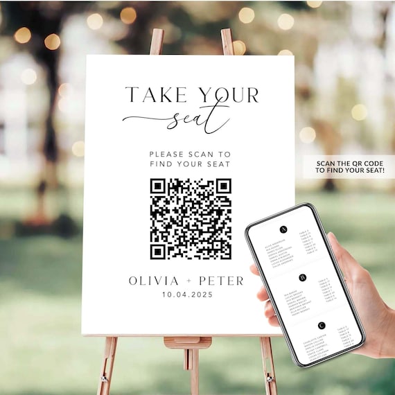 Seating Chart with QR Code Sign Template, Editable Wedding Alphabetical Guest Seating Website, Minimalist Find Your Seat Sign