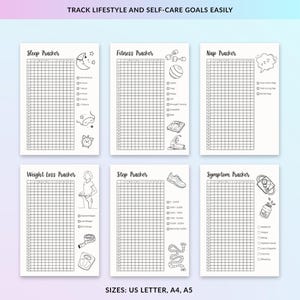 May include: A set of six printable lifestyle and self-care trackers. The trackers include sleep, fitness, nap, weight loss, step, and symptom trackers. Each tracker has a grid for recording data, with illustrations and text labels. The text at the top says "Track Lifestyle and Self-Care Goals Easily."