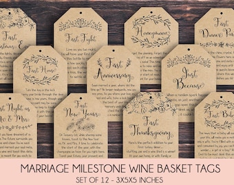 Marriage Milestone Wine Basket Tags - A year of first - Wine Gift Basket Tags - Bridal Shower Gift - Wedding Gift - Rustic Wine Label