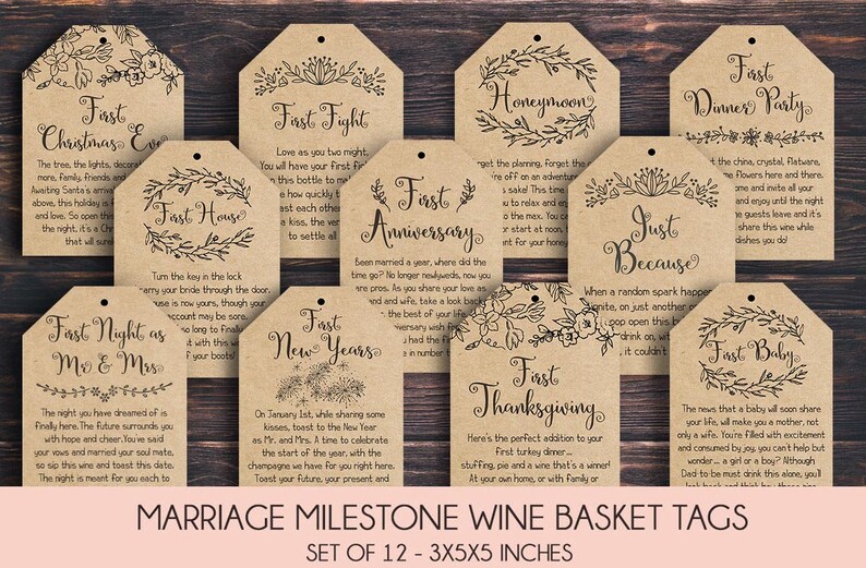 EDITABLE Marriage Milestone Wine Basket Tags A year of first Wine Gift Basket Tags Bridal Shower Gift Wedding Gift Wine Labels image 6