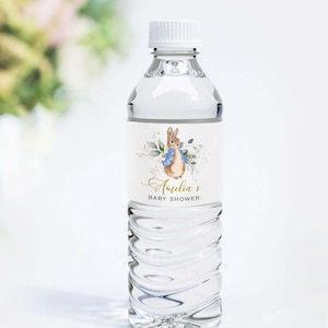 Modello di etichetta per bottiglia d'acqua Peter Rabbit, Baby Shower Peter Rabbit, Etichetta di compleanno modificabile, Templett, #PR
