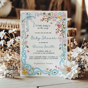 Floral Baby Shower Einladung Illustriert Mediterran Doodle Einladen Bearbeitbare druckbare Canva Vorlage Digitaler Download