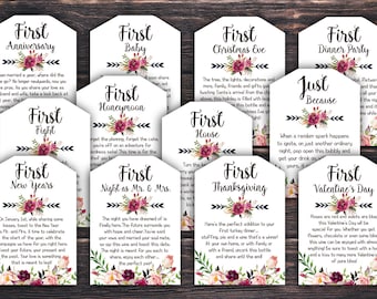 Marriage Milestone Wine Basket Tags - A year of first - Wine Gift Basket Tags - Bridal Shower Gift - Wedding Gift - Rustic Wine Label
