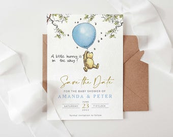 Winnie the Pooh Save the Date Card: Blue Balloon, Editable Template