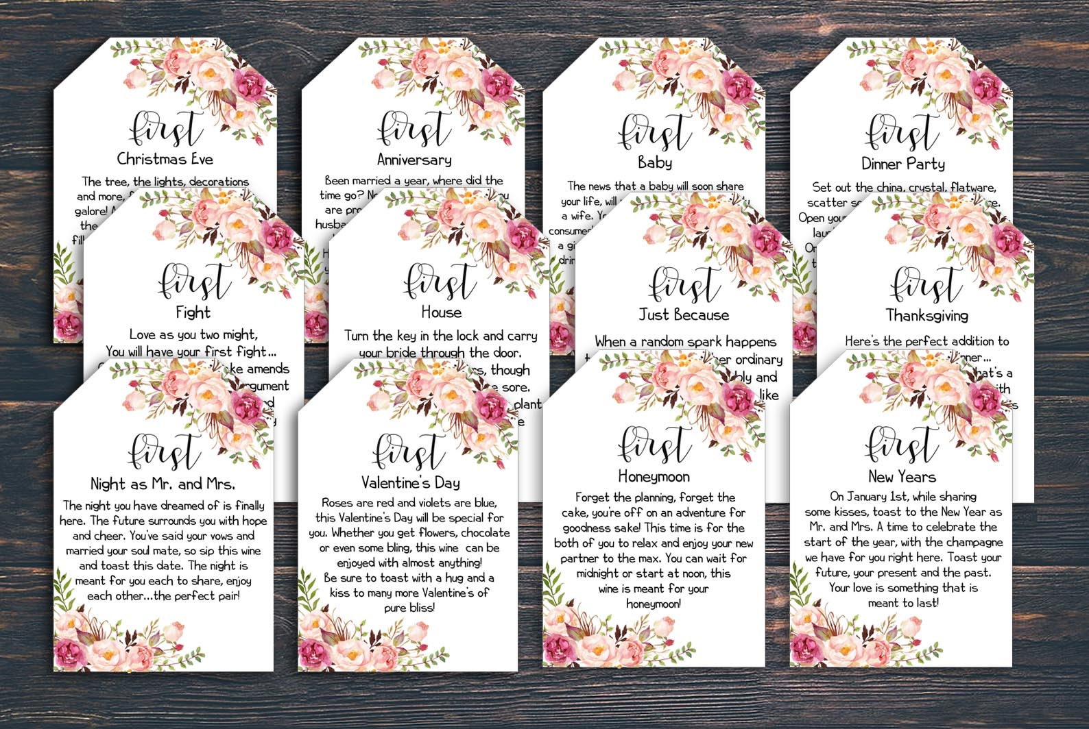 EDITABLE  Marriage Milestone Wine Basket Tags - A year of first - Win…