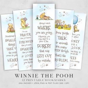 Marque-page Winnie l'ourson 12 citations classiques Winnie l'ourson Imprimable JPEG PDF et PNG par sublimation pour les amateurs de livres, cadeau indésirable pour le journal Tags Téléchargements numériques