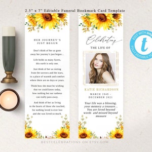 Modèle de marque-page funéraire tournesol, marque-page célébration de la vie, cartes souvenir funéraire, carte commémorative du souvenir #FNRL