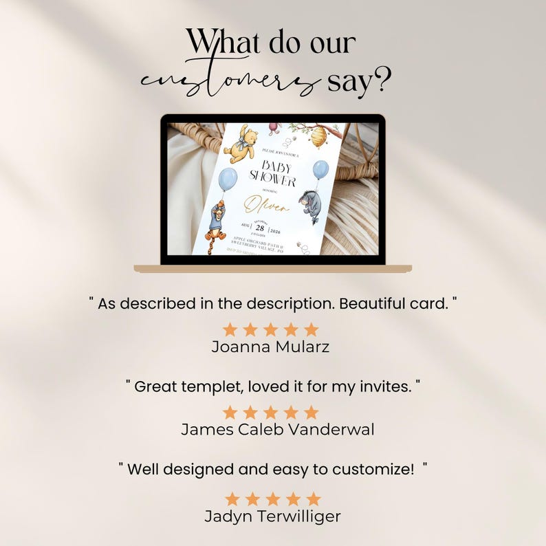 May include: A laptop displays a baby shower invitation featuring Winnie the Pooh characters. The invitation includes the name "Oliver" and the date "28". The image also includes customer reviews with star ratings.