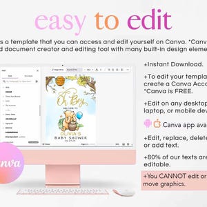 May include: A pink and white computer screen displaying a baby shower invitation template on Canva. The invitation features a Winnie the Pooh character with the text "Oh Boy! Welcome to Olivia's Baby Shower".
