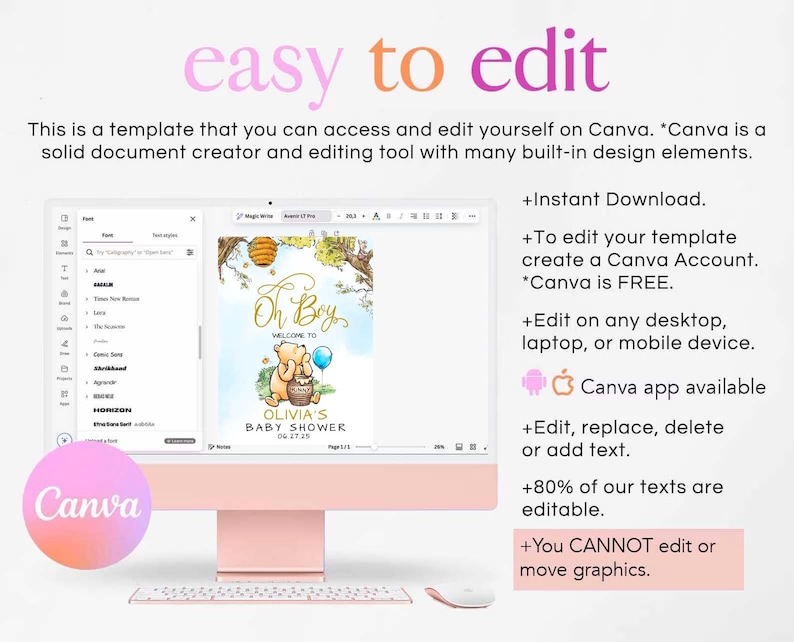 May include: A pink and white computer screen displaying a baby shower invitation template on Canva. The invitation features a Winnie the Pooh character with the text "Oh Boy! Welcome to Olivia's Baby Shower".