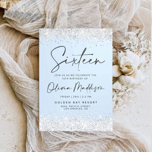 Blue Silver Glitter Sweet Sixteen Invitation: Editable Template (5x7)