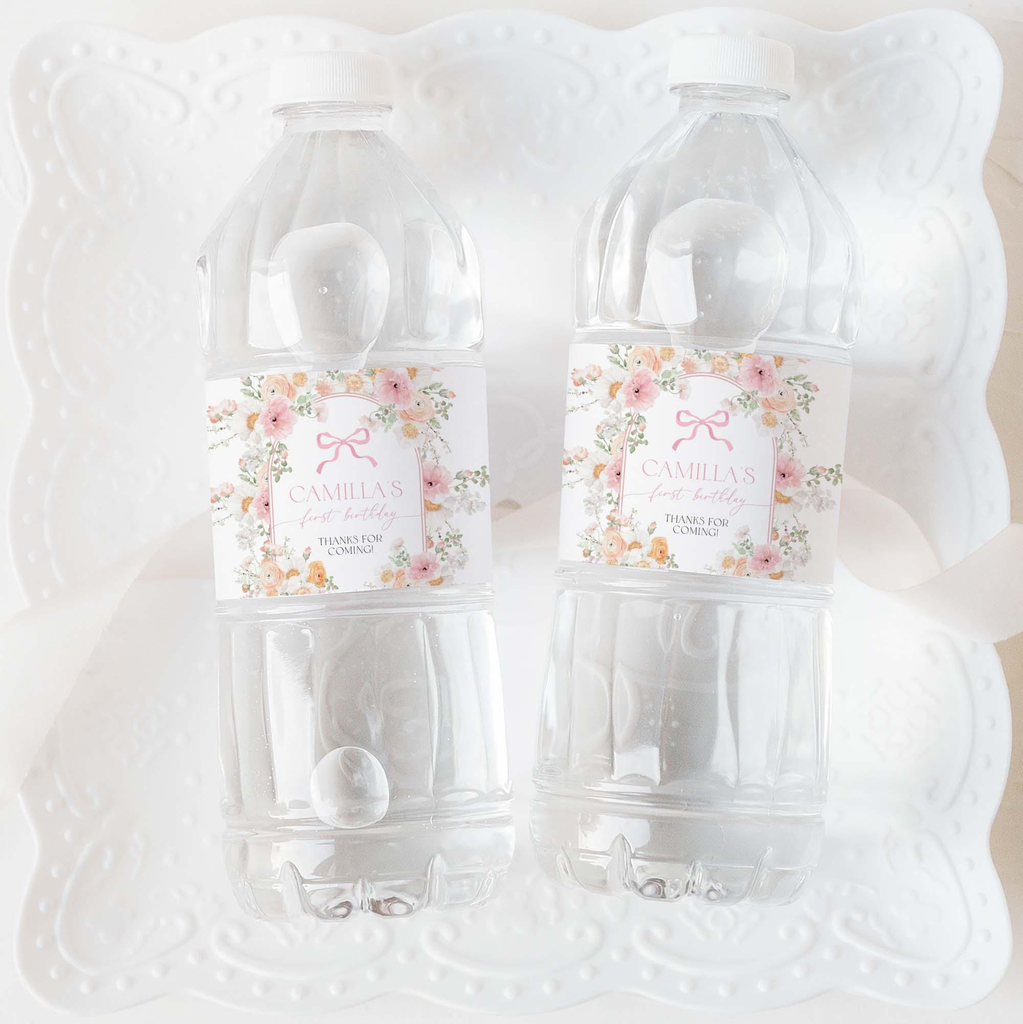 Floral Water Bottle LabelTemplate, Editable 1st Birthday Baby Shower Label Dusty Pink Printable Canva Template Instant Download #BDP