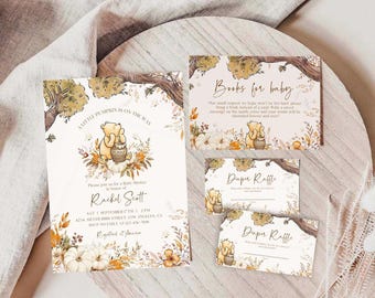 May include: A set of baby shower stationery featuring Winnie the Pooh illustrations, autumn leaves, and pumpkins. The invitation reads A Little Pumpkin Is On The Way, while other cards include Books for Baby and Diaper Raffle text.