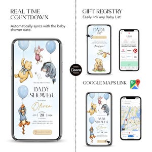 May include: A digital baby shower invitation template featuring Winnie the Pooh characters, blue balloons, and event details. The design includes a countdown timer, gift registry link, and Google Maps integration for easy access.
