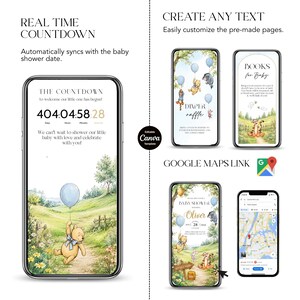 May include: A digital baby shower invitation template displayed on smartphones. The design features Winnie the Pooh illustrations, a countdown timer, and options for customization. The template includes a Google Maps link and Canva editing capabilities.