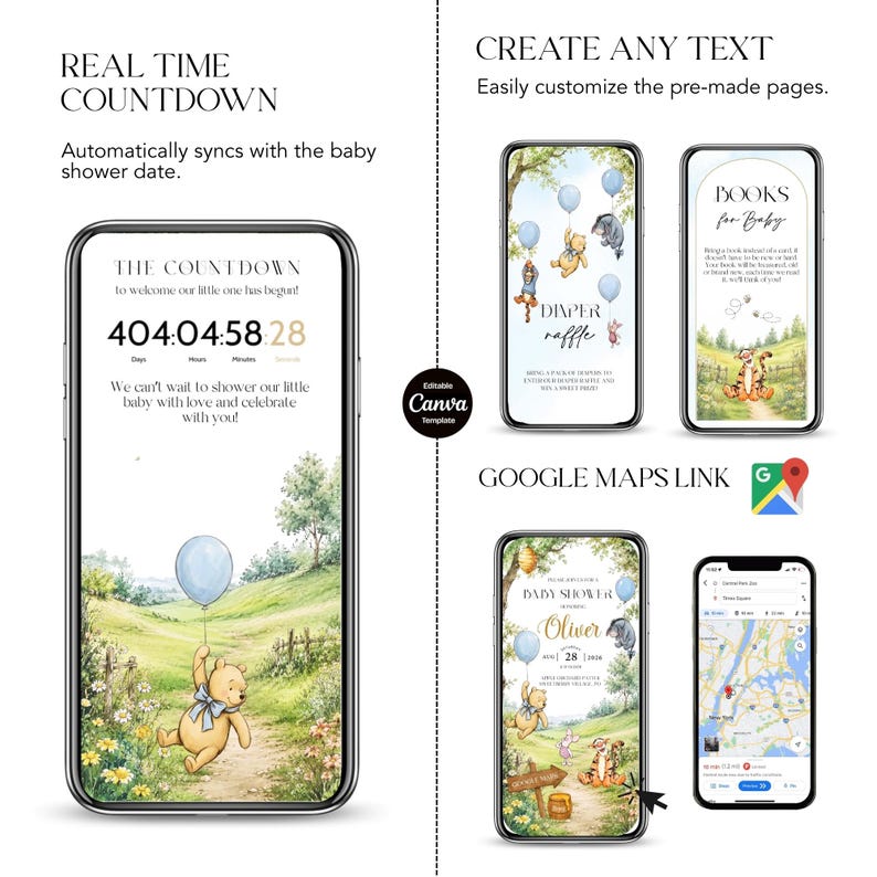 May include: A digital baby shower invitation template displayed on smartphones. The design features Winnie the Pooh illustrations, a countdown timer, and options for customization. The template includes a Google Maps link and Canva editing capabilities.