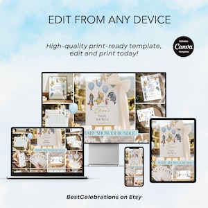 May include: A baby shower bundle template displayed on various devices, including a laptop, tablet, and phone. The design features Winnie the Pooh characters, balloons, and the text "Oliver's Baby Shower." The text "Edit from any device" and "High-quality print-ready template, edit and print today!" are also visible.