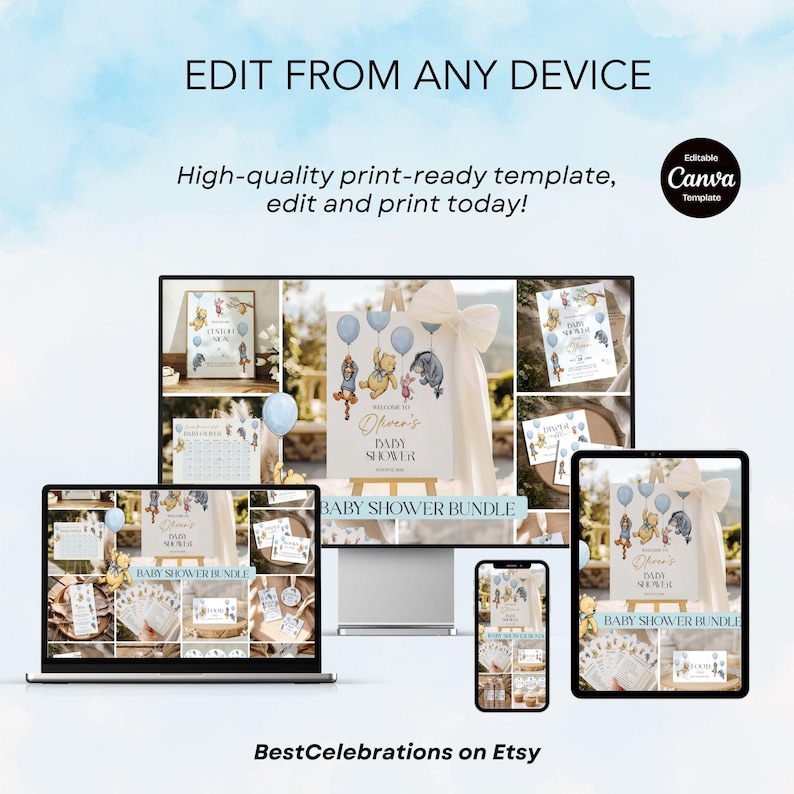 May include: A baby shower bundle template displayed on various devices, including a laptop, tablet, and phone. The design features Winnie the Pooh characters, balloons, and the text "Oliver's Baby Shower." The text "Edit from any device" and "High-quality print-ready template, edit and print today!" are also visible.